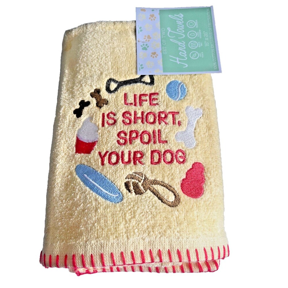 Dog Lover Hand Towels Life Is Short Spoil Your Dog Embroidered Yellow Set of 2